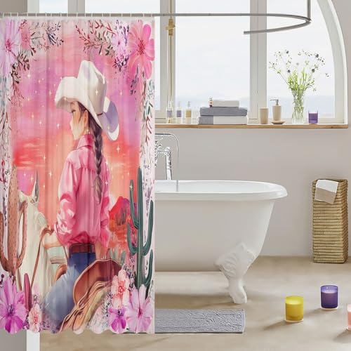 Feelyou Kids Cartoon Cowgirl Cowboy Shower Curtain Set 72x72