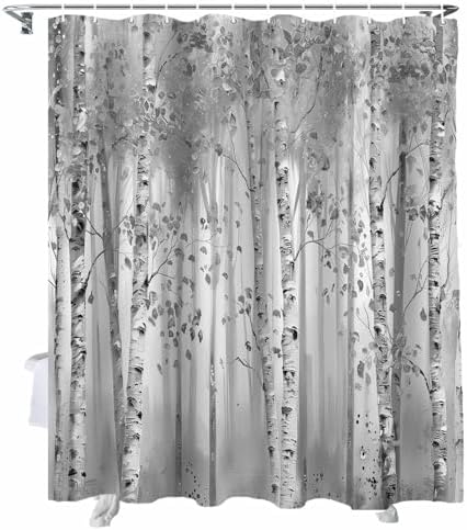 72 Inches Gray Leaf Art Shower Curtain Set with 12 Hooks