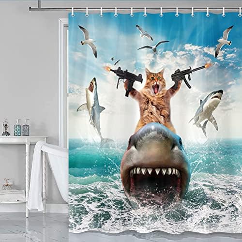Funny Cat Riding Shark Shower Curtain Set with Hooks