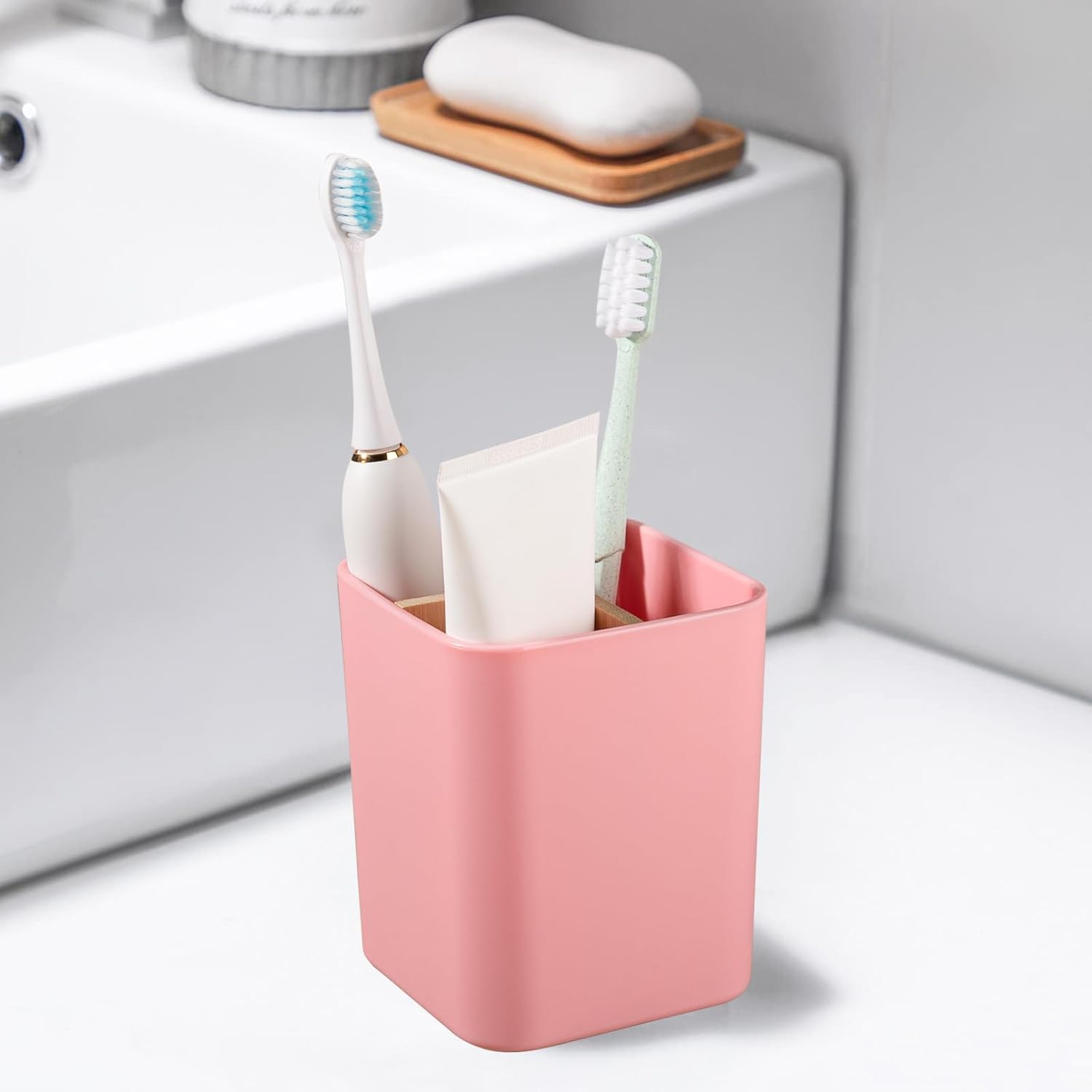 Bamboo Toothbrush Holder with 3 Slots - Pink