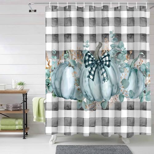 Funnywall88 72 Inches Green Bow Pumpkin Plaid Shower Curtain Set with 12 Hooks