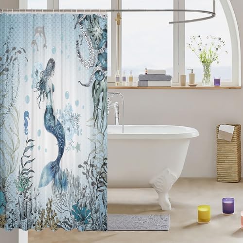 Feelyou Mermaid Shower Curtain 72x72 Waterproof Kids Bathroom Decor