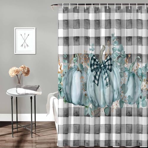Funnywall88 72 Inches Green Bow Pumpkin Plaid Shower Curtain Set with 12 Hooks