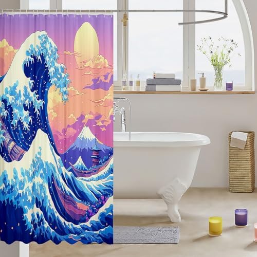 Feelyou Japanese Wave Bath Curtain Set 72x72 Waterproof