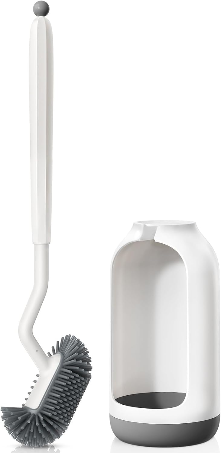 HAMITOR Toilet Brush Holder Set with Silicone Head and Curved Bristles - White