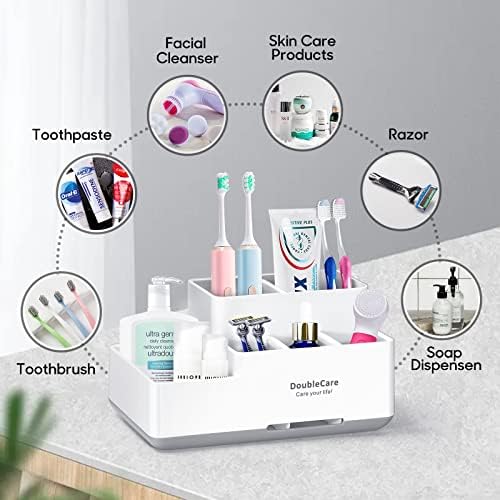 DoubleCare Toothbrush Holder with 5 Compartments Anti-Slip Multifunctional Bathroom Organizer