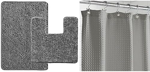 Gorilla Grip Bath Mat Set and Waffle Shower Curtain Bundle in Gray