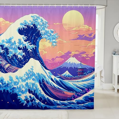 Feelyou Japanese Wave Bath Curtain Set 72x72 Waterproof