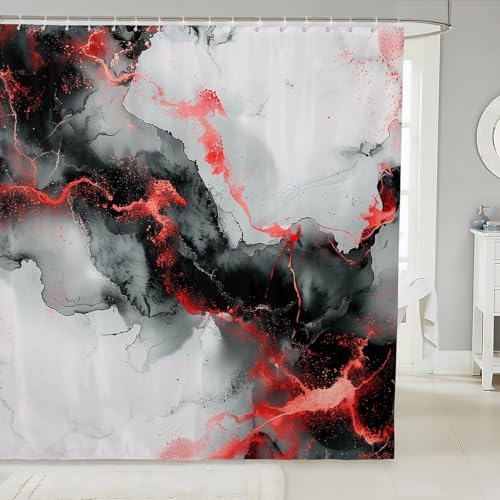 Erosebridal Black and Red Waterproof Shower Curtain Abstract Marbling Design