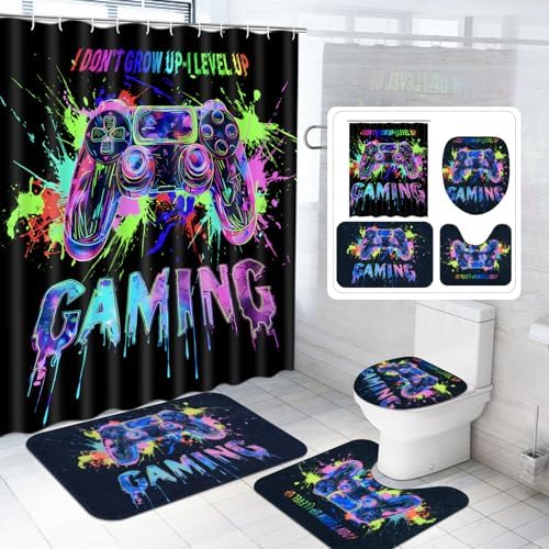 Likiyol 4 Pcs UV Reactive Blacklight Shower Curtain Set with Rugs
