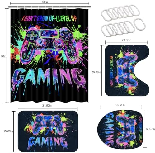 Likiyol 4 Pcs UV Reactive Blacklight Shower Curtain Set with Rugs
