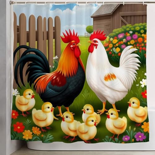 OXJOIIS Chicken Rooster Garden Flowers Art Shower Curtain with 12 Hooks