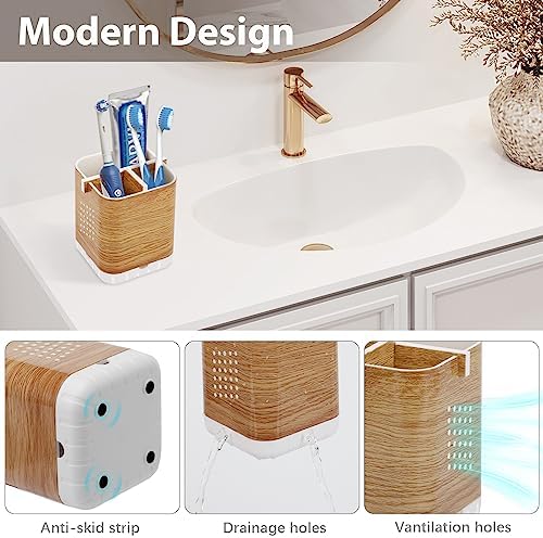 Boperzi Wood Grain Toothbrush Holder with Drainage and Anti-Slip Base