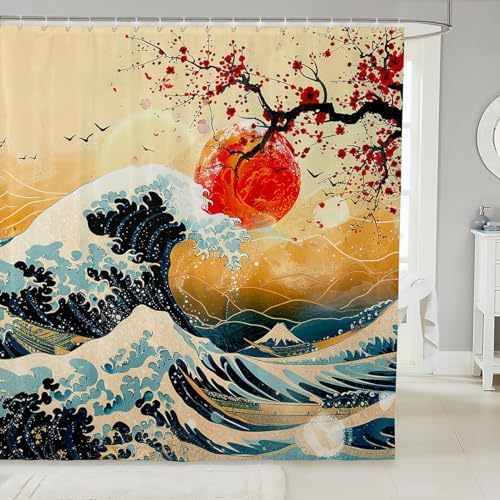 Feelyou Japanese Wave Shower Curtain Set 72x78 1