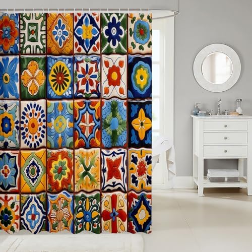 Erosebridal Mexican Talavera Style Shower Curtain Set with 15 Hooks