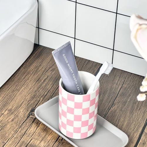 Pink Checkered Ceramic Toothbrush Holder Modern Bathroom Decor