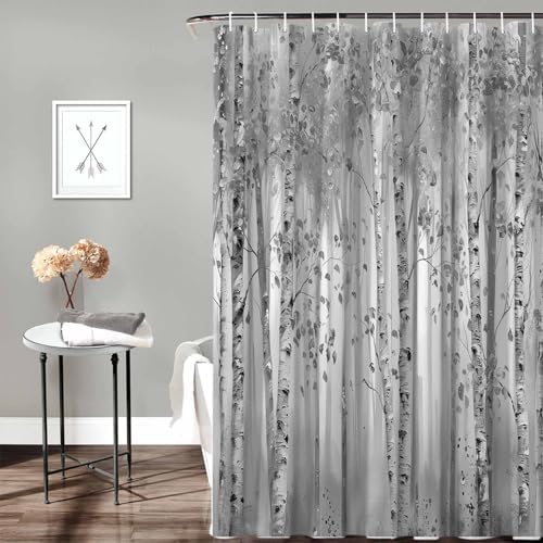 72 Inches Gray Leaf Art Shower Curtain Set with 12 Hooks