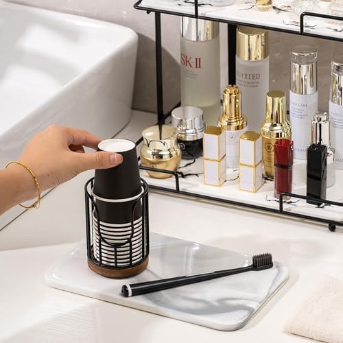 Bathroom Cup Dispenser with Acacia Wood Stand - Black