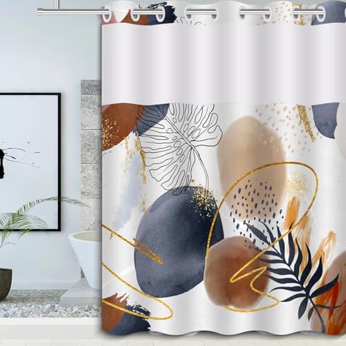 Boho Style Waterproof Shower Curtain with Mesh Top 71x74 In