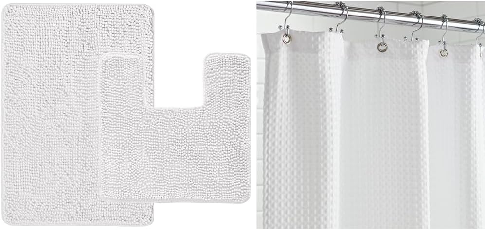 Gorilla Grip White Bath Rug and Shower Curtain Set
