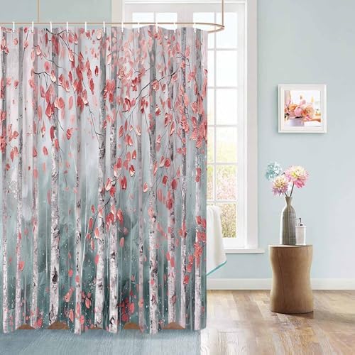 Funnywall88 72 Inch Branch Pink Leaves Art Shower Curtain Set with 12 Hooks