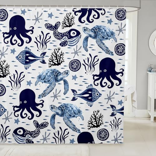 Feelyou Sea Turtle Bath Curtain Set Blue White
