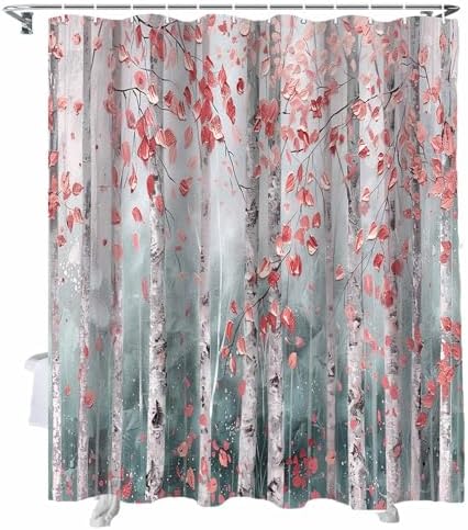 Funnywall88 72 Inch Branch Pink Leaves Art Shower Curtain Set with 12 Hooks