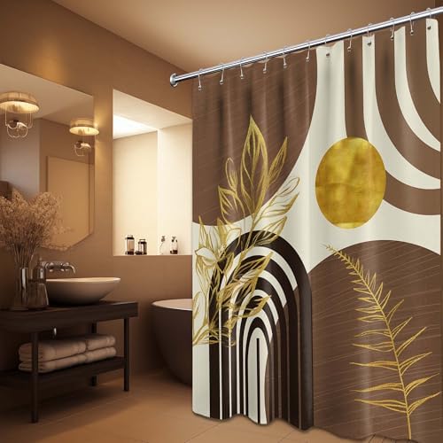 Boho MCM Shower Curtain Set Black Brown Beige 72x84 Waterproof