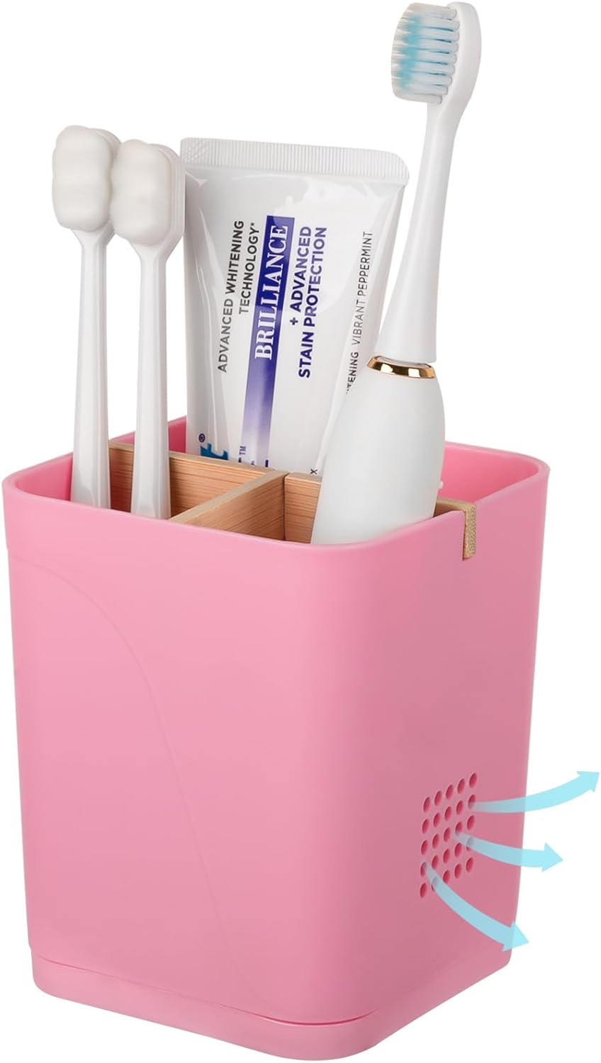 Heagoale Electric Toothbrush Holder with Bamboo Dividers 3 Slots Pink