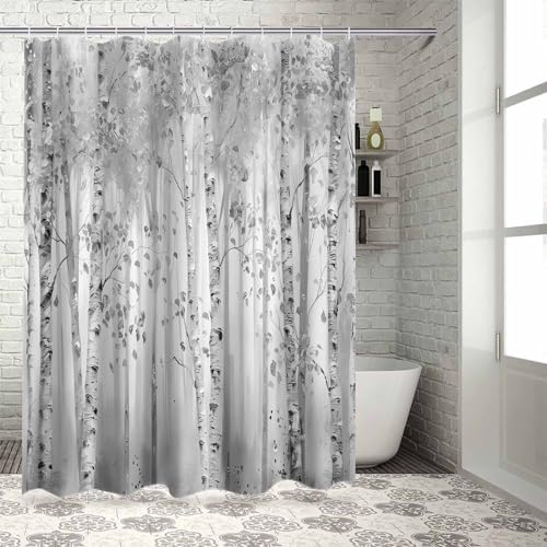 72 Inches Gray Leaf Art Shower Curtain Set with 12 Hooks
