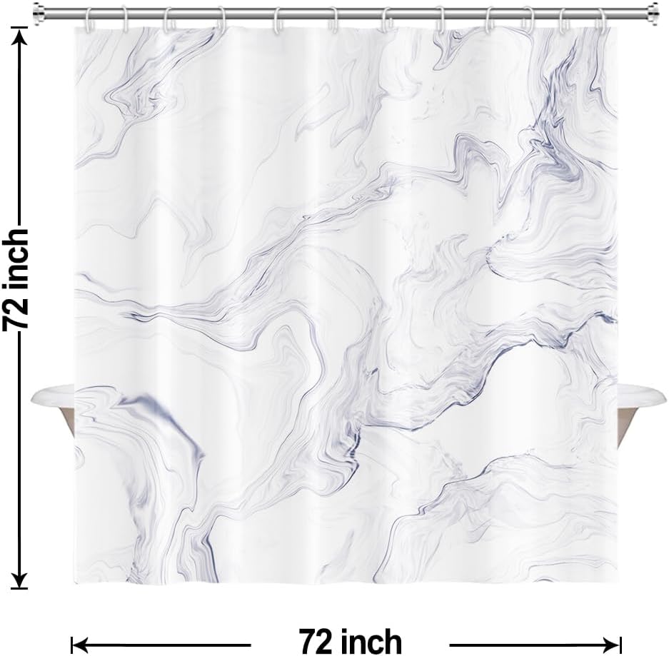 White Marble Shower Curtain Set with Hooks 72x72 Inch