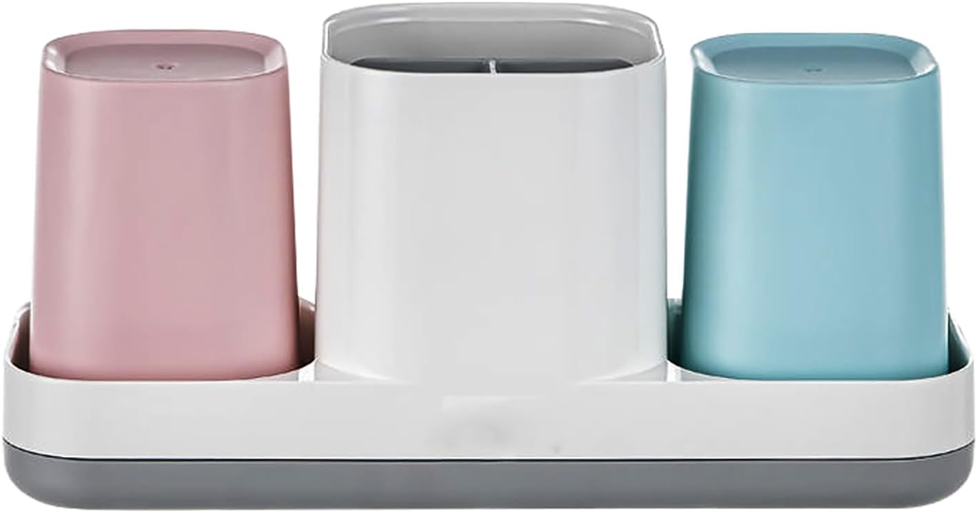 Kids Toothbrush Holder with Pink Blue Cups and Storage