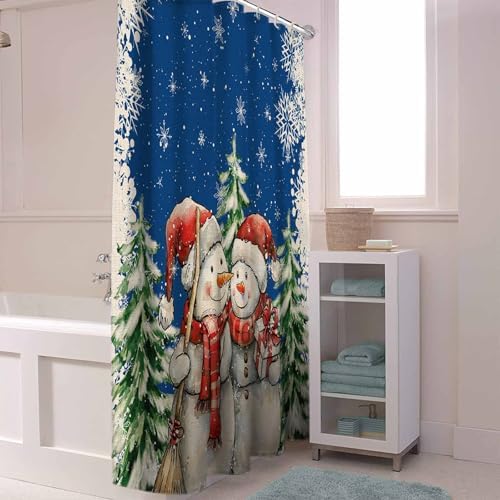 72 Inches Dark Blue Snowmen Shower Curtain Set with 12 Hooks