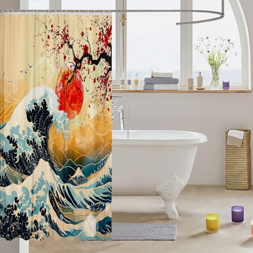 Feelyou Japanese Wave Shower Curtain Set 72x78 1