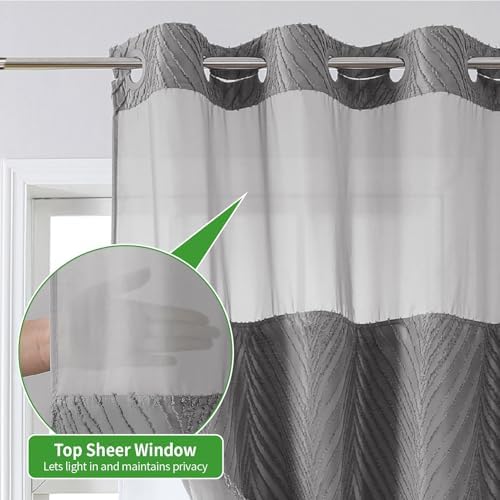 No Hook Boho Shower Curtain Set with Tufted Stripes and Waterproof Liner