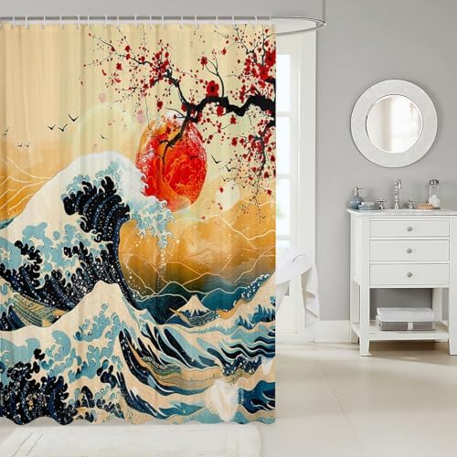 Feelyou Japanese Wave Shower Curtain Set 72x78 1