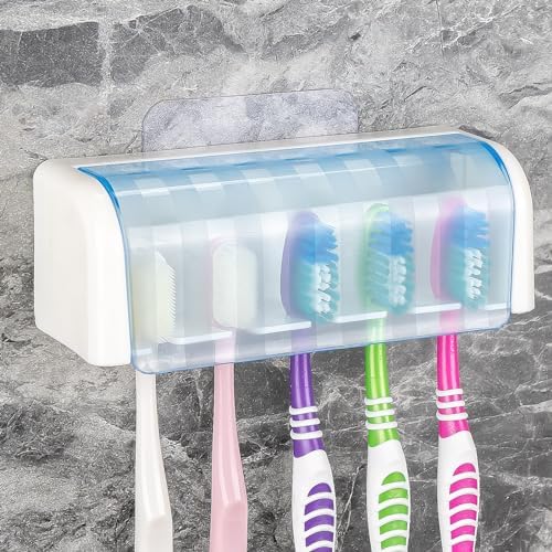 5 Slots Wall Mount Toothbrush Holder with Cover White Blue