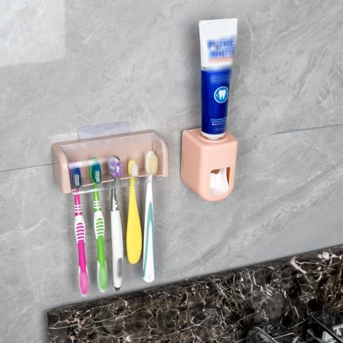 5 Slots Wall Mount Toothbrush Holder with Cover and Dispenser Pink