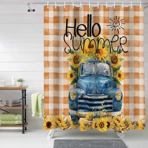 Funnywall88 72 Inches Sunflower Blue Buffalo Plaid Shower Curtain Set with 12 Hooks