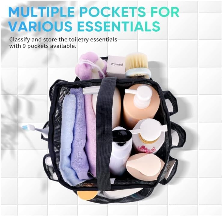 Mesh Shower Caddy Tote Bag with 8 Pockets Black