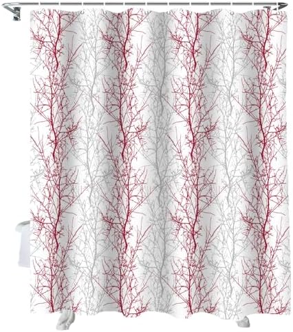 72 Inch Rose Red and Grey Shower Curtain Set with 12 Hooks