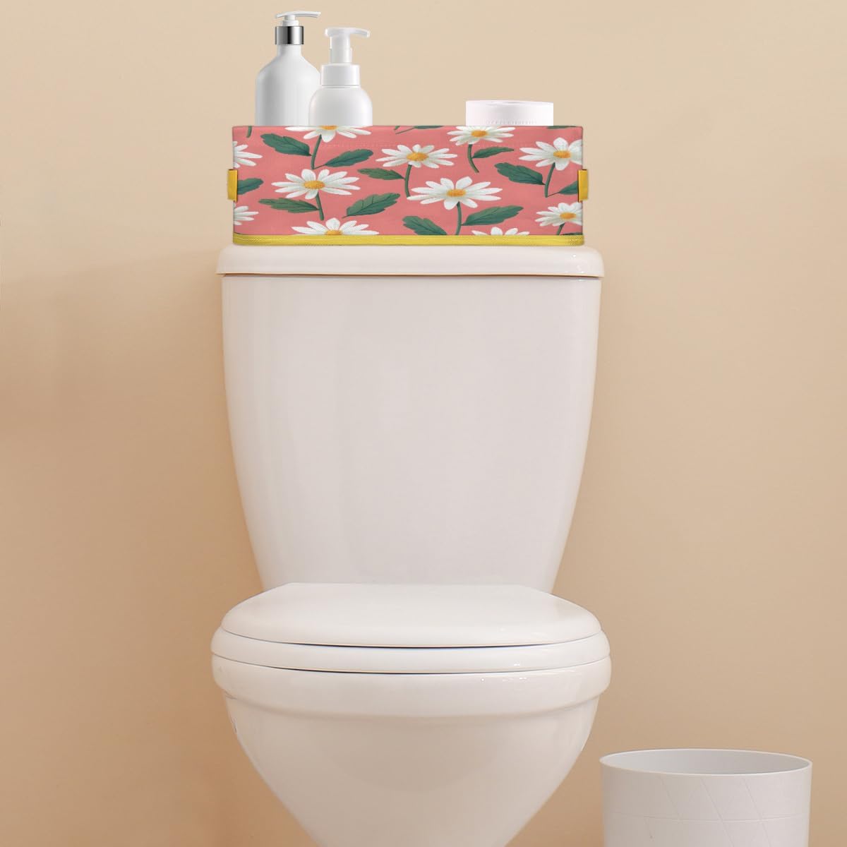 Floral Daisy Toilet Paper Basket with Handle for Bathroom Storage
