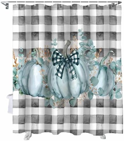 Funnywall88 72 Inches Green Bow Pumpkin Plaid Shower Curtain Set with 12 Hooks