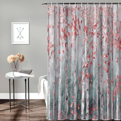Funnywall88 72 Inch Branch Pink Leaves Art Shower Curtain Set with 12 Hooks