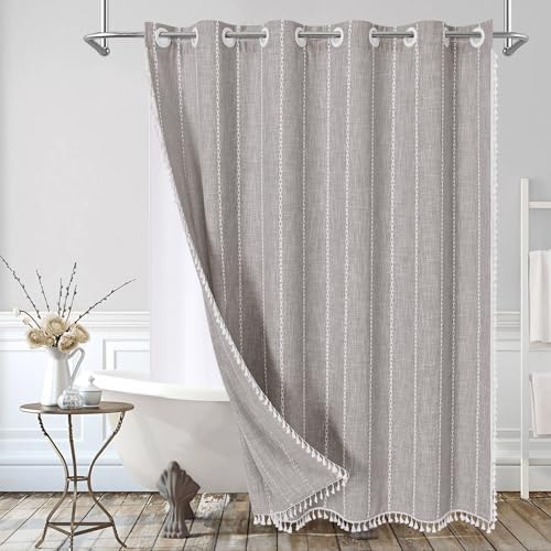 MitoVilla Boho Farmhouse Shower Curtain Set Grey Taupe 72x74
