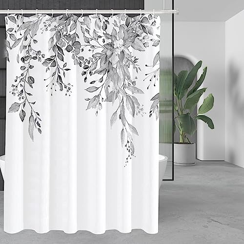Tititex Grey Leaves Faux Linen Shower Curtain Set 72x72 with Hooks 1