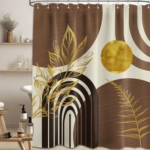 Boho MCM Shower Curtain Set Black Brown Beige 72x84 Waterproof