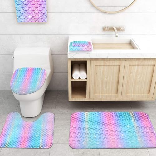 Alishomtll 7 Pcs Mermaid Kids Shower Curtain Set with Rugs and Towels