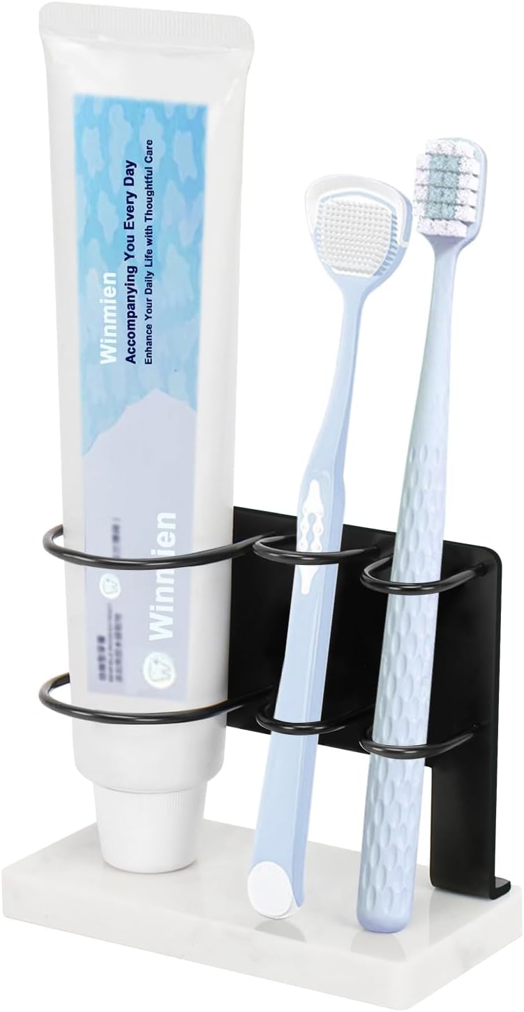 Winmien Toothbrush Holder with Marble Base 3 Slots Matte Black