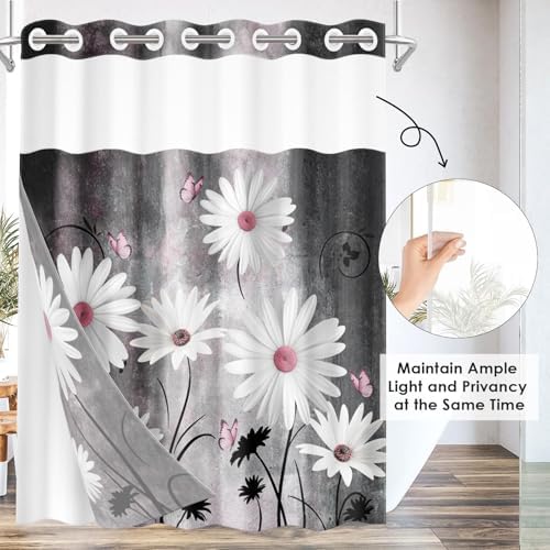 Nesphy Pink White Daisy Butterfly Shower Curtain Set